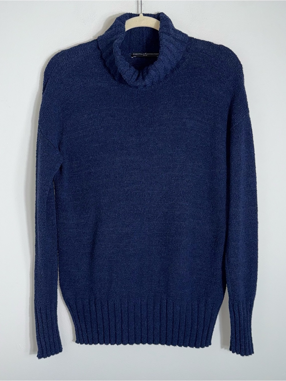 Peruvian Connection Women's Turtleneck Sweater-Blue-Cotton Blend-Tunic Length-XS